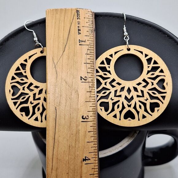 Round wood carved earrings boho jewelry heart design - Picture 3 of 3